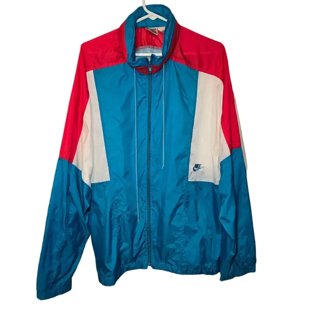 Nike Vintage 90s Blue Color Block Mens Hooded Windbreaker Jacket Large